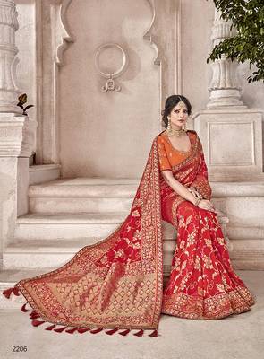 Red embroidered silk saree with blouse 2