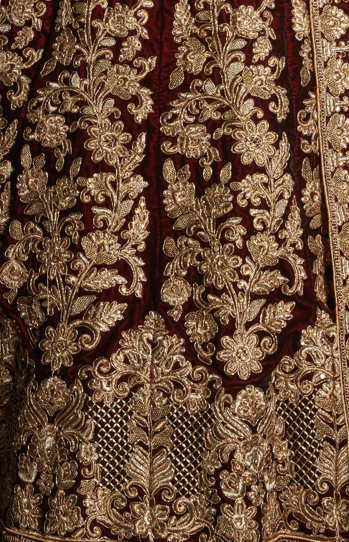 Maroon Embroidered Velvet Unstitched Lehenga With Dupatta