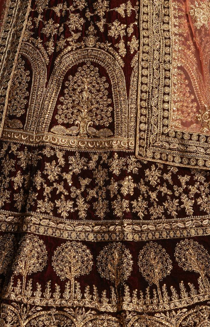 Maroon Embroidered Velvet Unstitched Lehenga With Dupatta