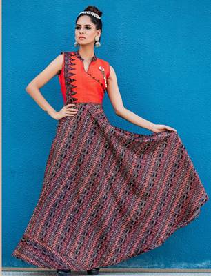 Orange printed silk long kurti 1