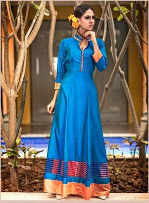 Blue plain silk long kurti 1