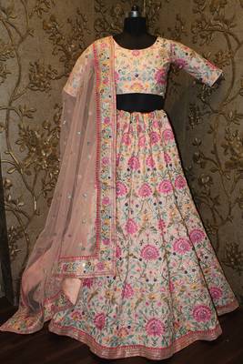 Baby Pink Resham Zari Sequins And Dori Embroidered Art Silk Indian Bollywood Lehenga Dress 7