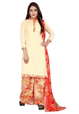 Cream Printed Rayon Readymade Salwar With Dupatta 1