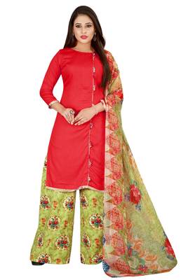 Red Printed Rayon Readymade Salwar With Dupatta 1