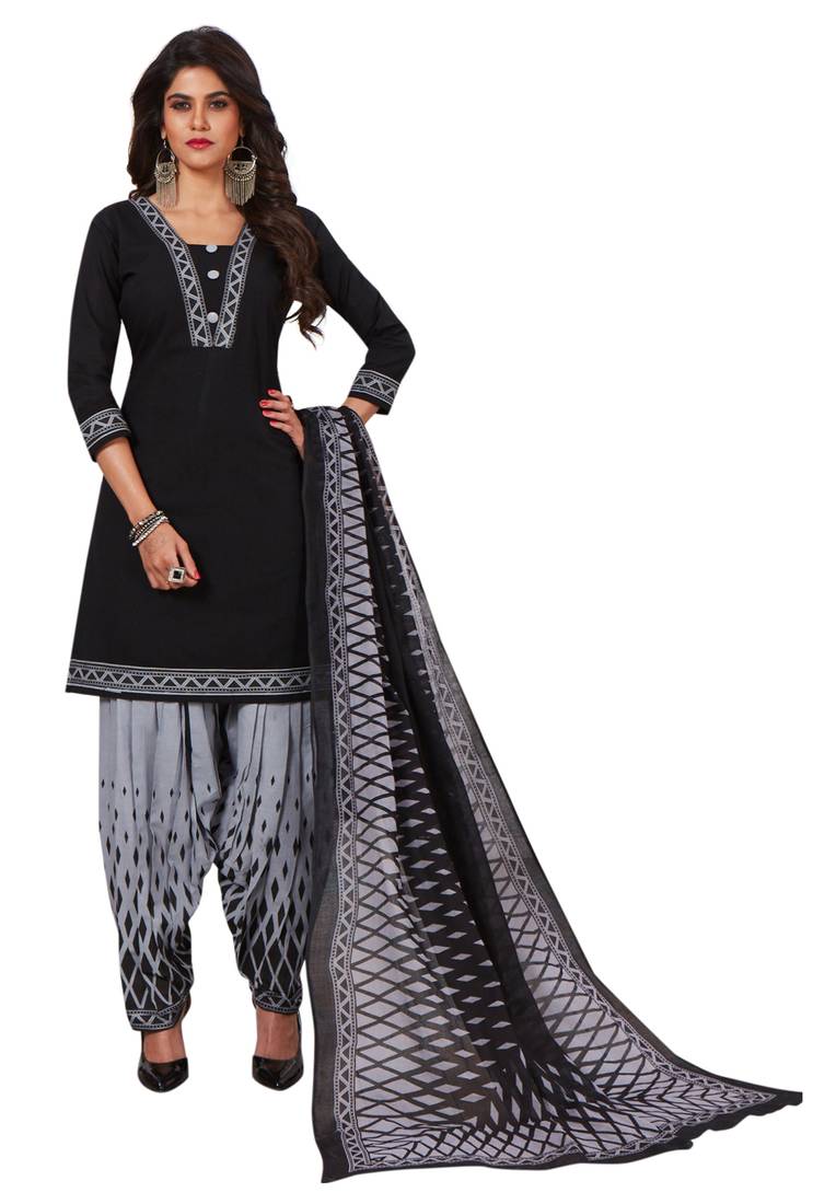 Black Printed Cotton Readymade Salwar With Dupatta