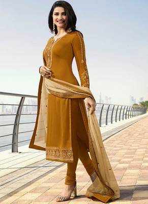Mustard Embroidered Georgette Kameez 1