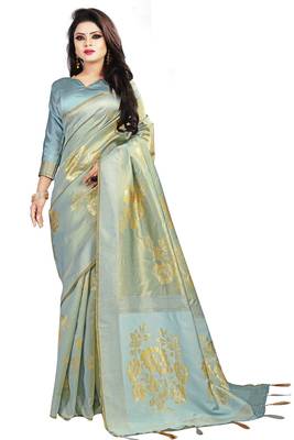 Silver woven silk blend saree with blouse 1
