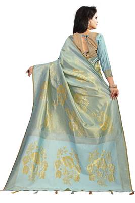 Silver woven silk blend saree with blouse 3