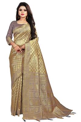 Brown woven silk blend saree with blouse 1