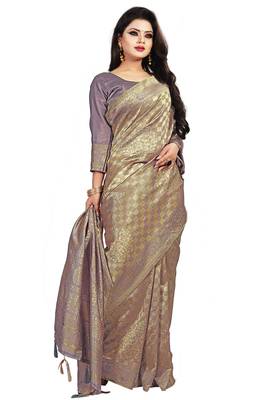 Brown woven silk blend saree with blouse 3