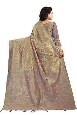 Brown woven silk blend saree with blouse 4