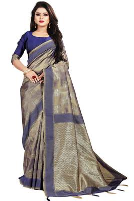 Navy blue woven silk blend saree with blouse 1