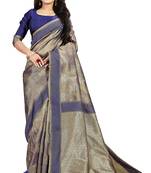 Navy blue woven silk blend saree with blouse