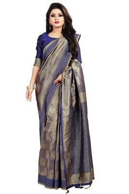 Navy blue woven silk blend saree with blouse 2