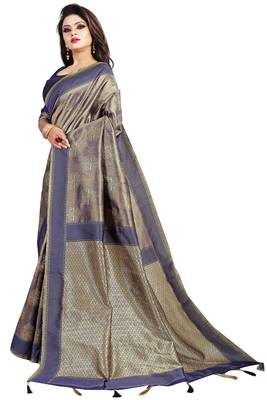 Navy blue woven silk blend saree with blouse 3