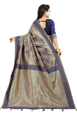 Navy blue woven silk blend saree with blouse 4