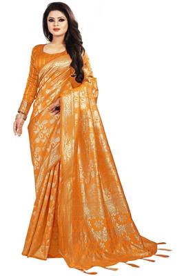 Orange woven silk blend saree with blouse 1