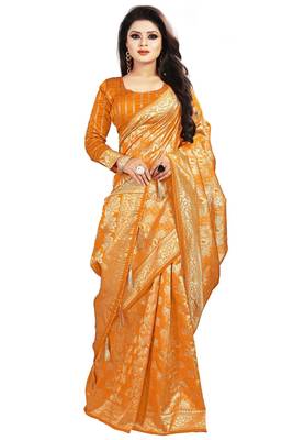 Orange woven silk blend saree with blouse 2