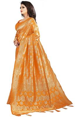 Orange woven silk blend saree with blouse 3