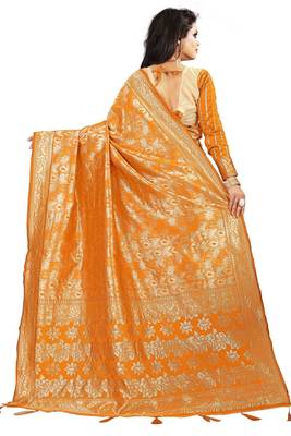 Orange woven silk blend saree with blouse 4
