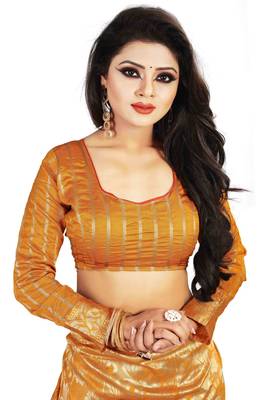 Orange woven silk blend saree with blouse 5