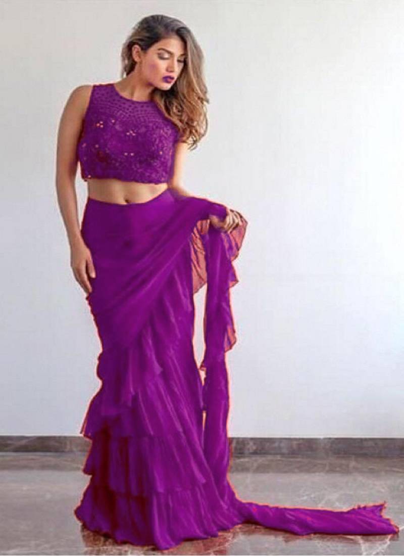 Wine Solid Ruffle Saree With Blouse Piece TAGLINE SILK MILL