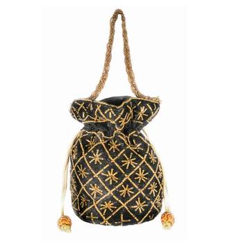 Hand Embroidered Velvet Potli Bag for Women / Girls (Black) 2