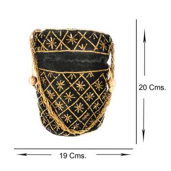Hand Embroidered Velvet Potli Bag for Women / Girls (Black) 5