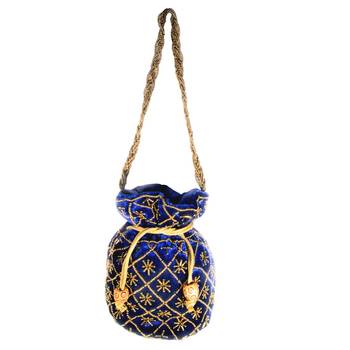 Hand Embroidered Velvet Potli Bag for Women / Girls (Blue) 2