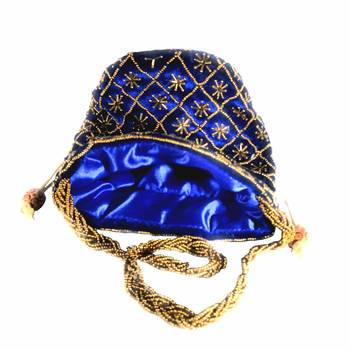 Hand Embroidered Velvet Potli Bag for Women / Girls (Blue) 3