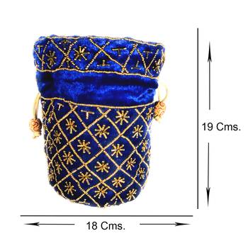 Hand Embroidered Velvet Potli Bag for Women / Girls (Blue) 4