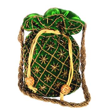 Hand Embroidered Velvet Potli Bag for Women / Girls (Green) 1