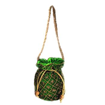 Hand Embroidered Velvet Potli Bag for Women / Girls (Green) 2
