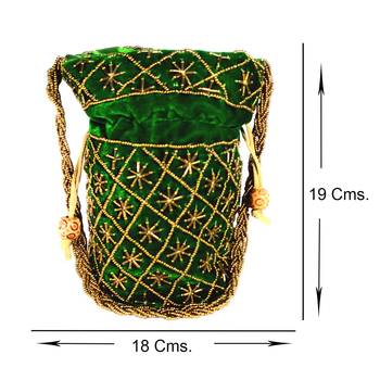 Hand Embroidered Velvet Potli Bag for Women / Girls (Green) 4