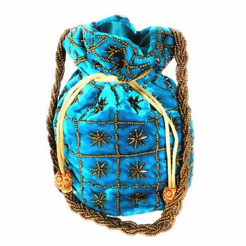 Hand Embroidered Velvet Potli Bag for Women / Girls (Skyblue) 1