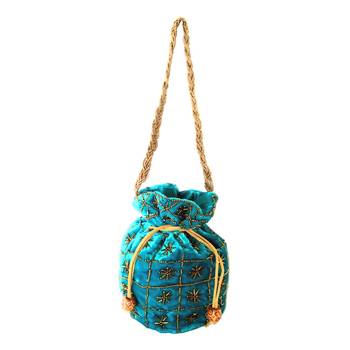 Hand Embroidered Velvet Potli Bag for Women / Girls (Skyblue) 2