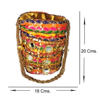 Hand Crafted Mirror Work Rajasthani Style Ethnic Potli Bag for Women / Girls (Multicolor) 3