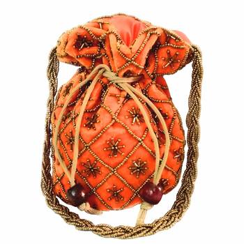 Hand Embroidered Velvet Potli Bag for Women / Girls (Orange) 1