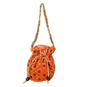 Hand Embroidered Velvet Potli Bag for Women / Girls (Orange) 2