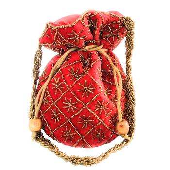 Hand Embroidered Velvet Potli Bag for Women / Girls (Red) 1