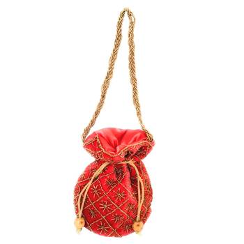 Hand Embroidered Velvet Potli Bag for Women / Girls (Red) 2