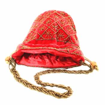Hand Embroidered Velvet Potli Bag for Women / Girls (Red) 3