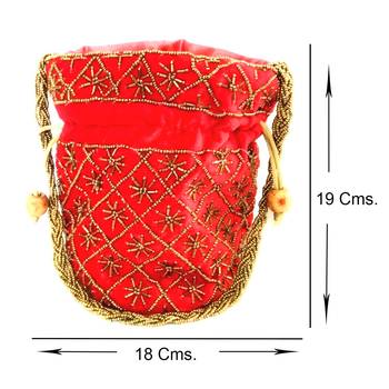 Hand Embroidered Velvet Potli Bag for Women / Girls (Red) 4