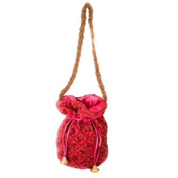 Hand Embroidered Velvet Potli Bag for Women / Girls (Magenta) 2