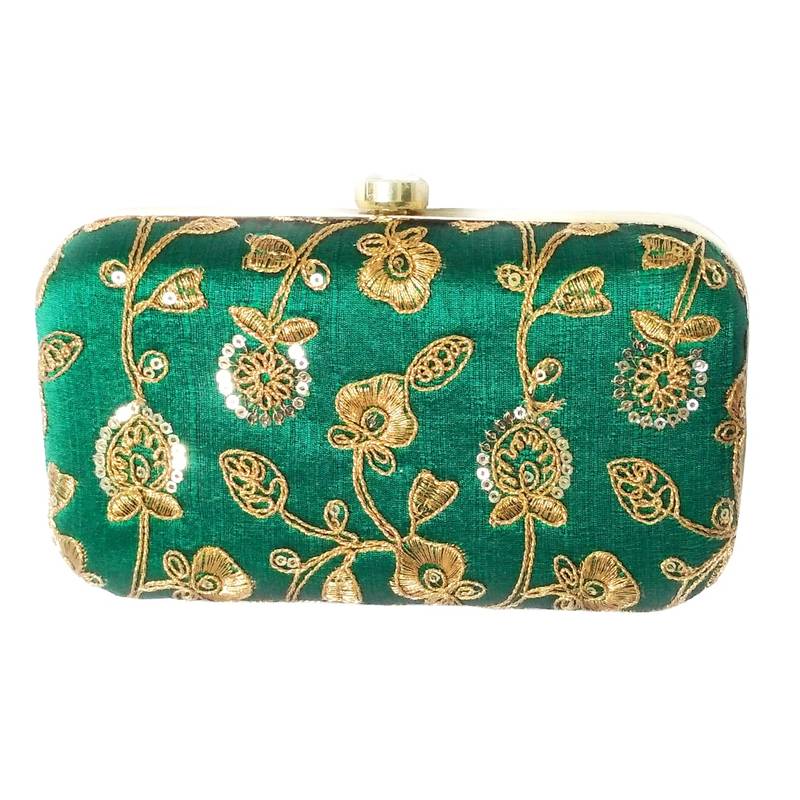 Hand Crafted Embroidered Party Wear Bridal Box Clutch for Women Green