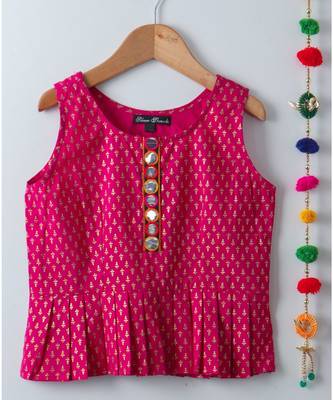 pink golden print cotton kids lehenga choli 2