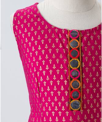 pink golden print cotton kids lehenga choli 4