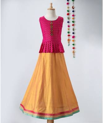 pink golden print cotton kids lehenga choli 1