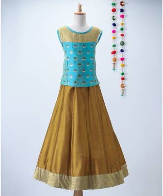 blue woven brocade kids lehenga choli 1