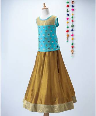 blue woven brocade kids lehenga choli 2